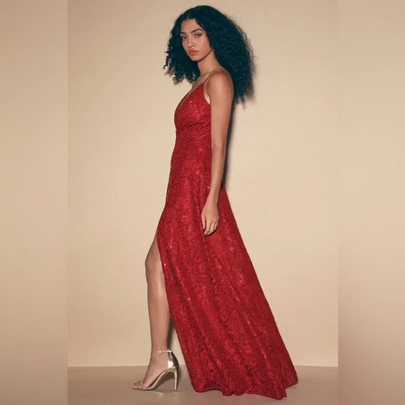 Lulus Endless Enchantment Red Sequin Lace Maxi Dress - Picture 3 of 12